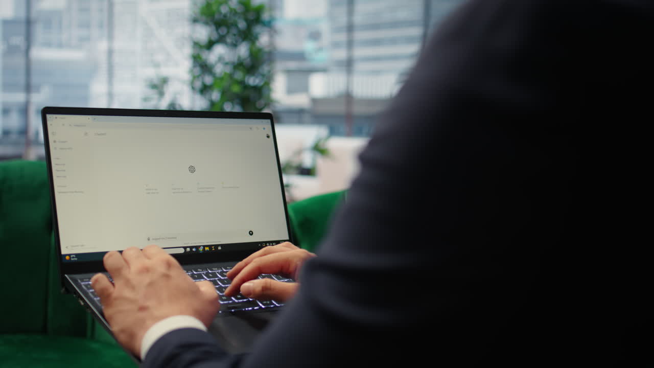 Vertical Video Bucharest, Romania - July 30th 2024 - Person typing into an AI chatbot system