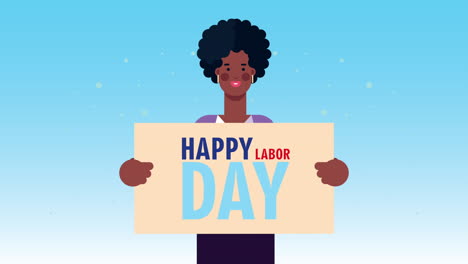 happy labor day celebration with businesswoman lifting lettering