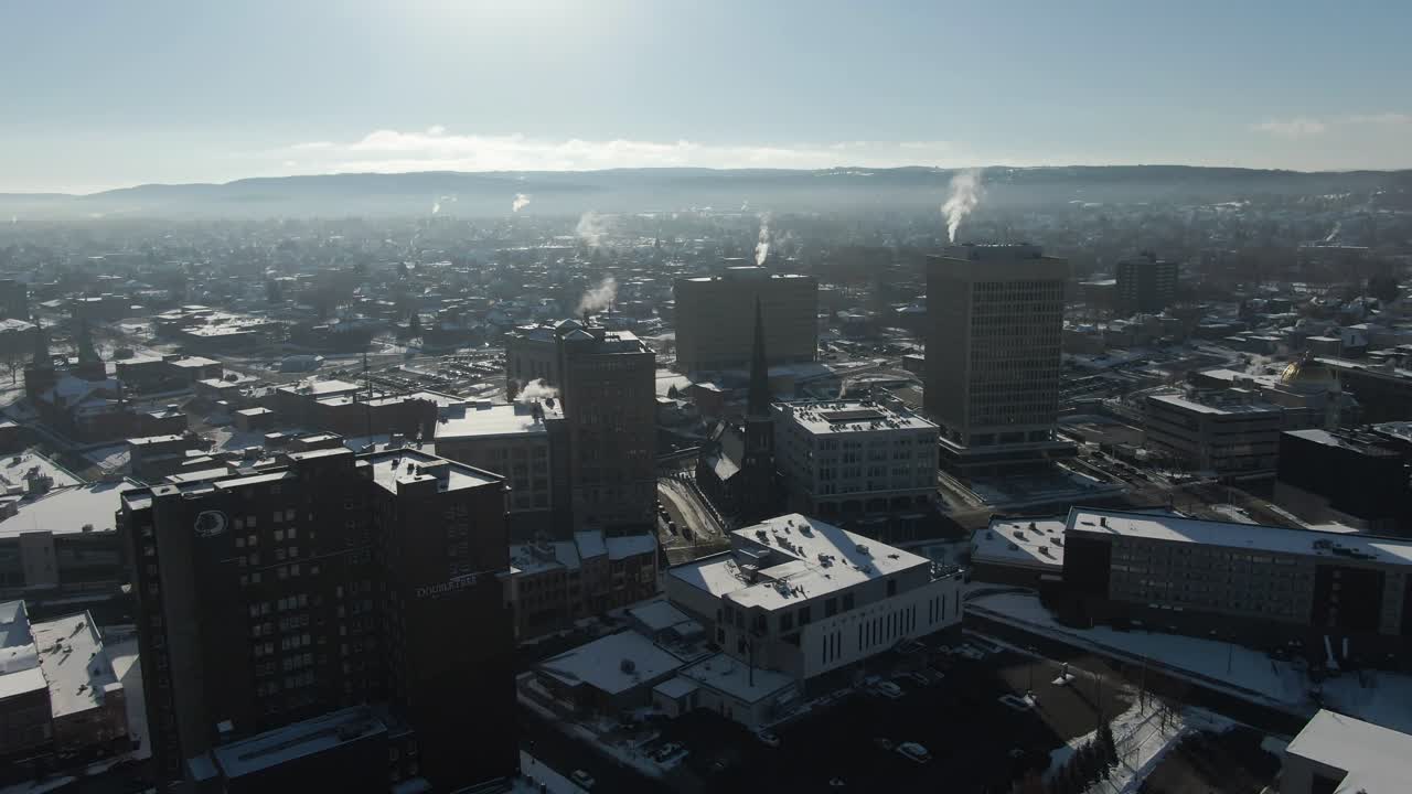 Downtown Utica, NY aerial view on freezing cold winter morning. Hotel Utica and County Office Building