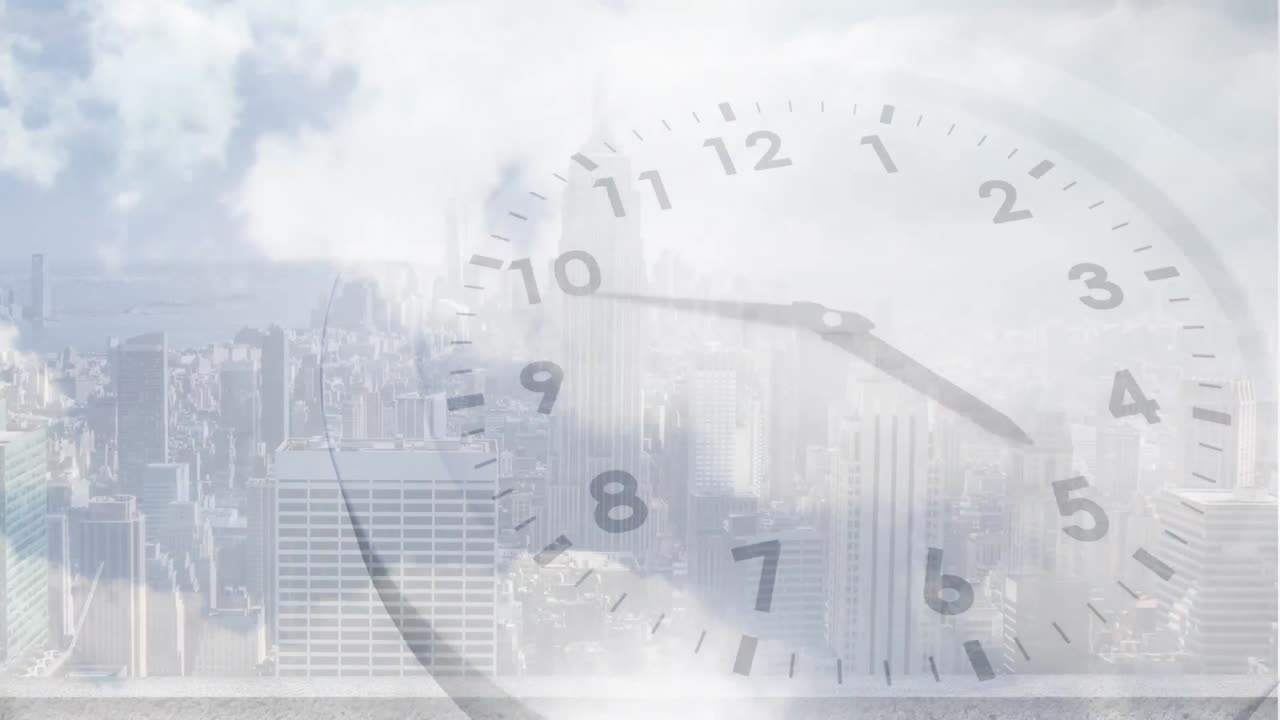 Animation of cityscape over clock moving