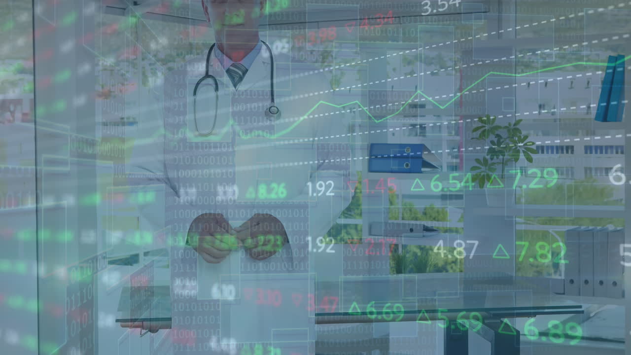 animación del procesamiento de datos y estadísticas sobre un médico con estetoscopio