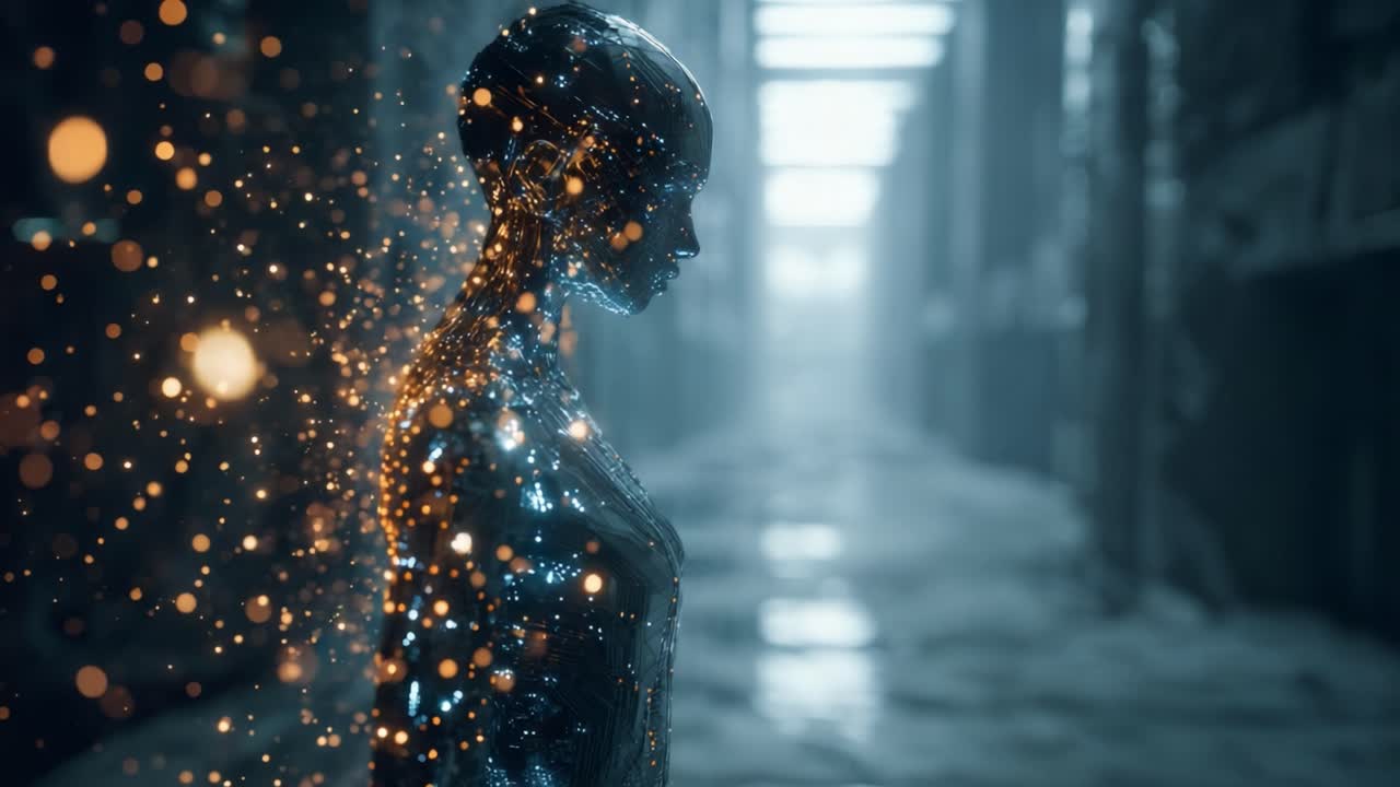 A Visually Stunning Representation of a Translucent, Sparkling Figure Amidst an Atmospheric Urban Space, Blending Digital Art with a Conceptual Exploration of Humanity and Technology