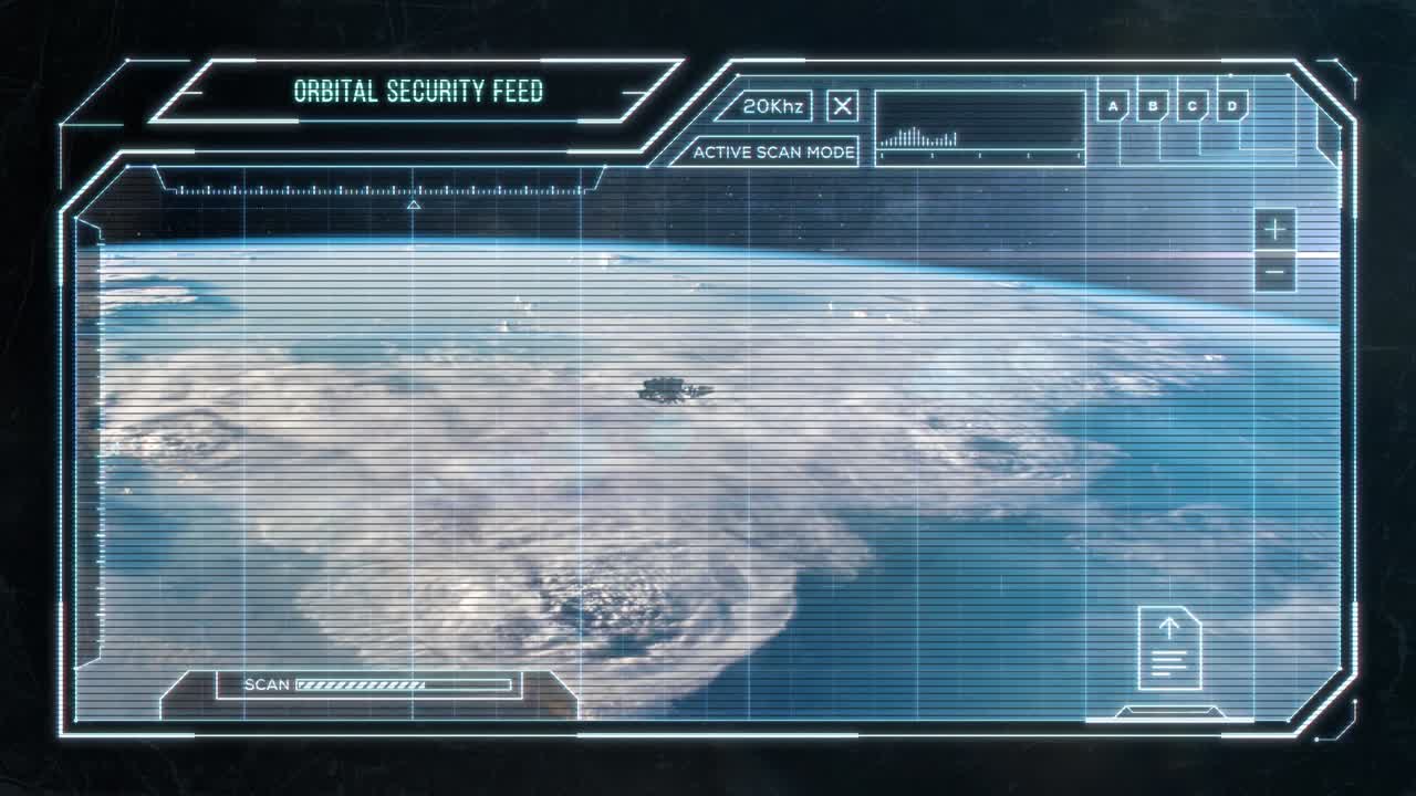 Large Spaceship Leaving Earth Orbit - Futuristic Computer HUD