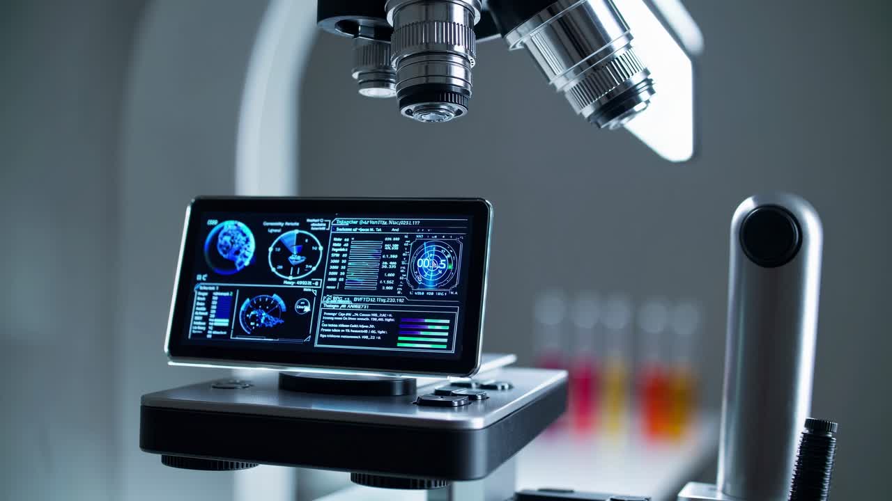 Close-up, angled shot of a digital microscope displaying colorful data lines on a screen