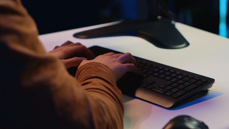 Computer scientist listening music while writing lines of code, extreme close up