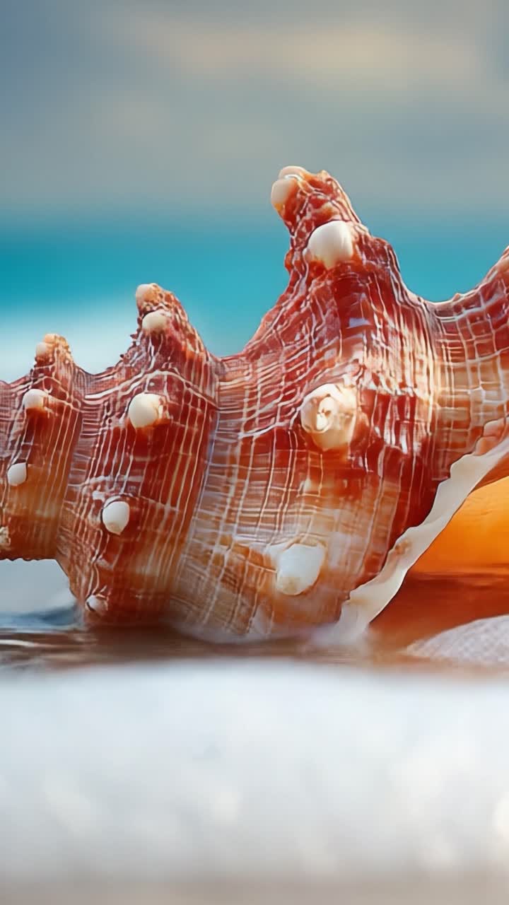 A Beautiful Conch Shell Resting on a Sandy Beach with Gentle Waves in the Background, As the Sun Sets in a Colorful Sky