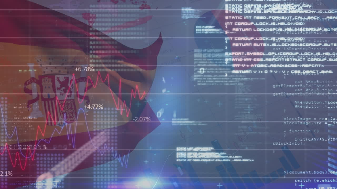 animación del lenguaje informático, códigos binarios, gráficos sobre la bandera de españa y interfaz infográfica