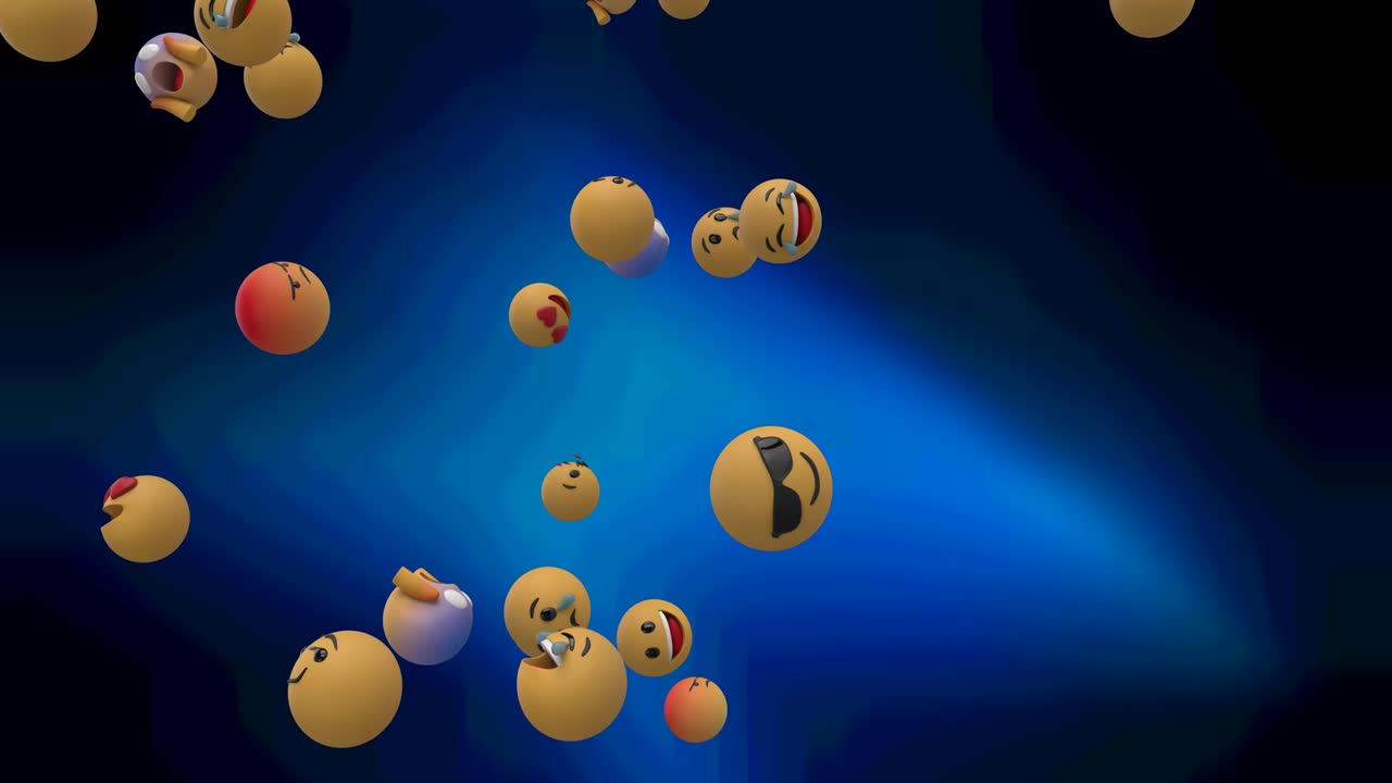 어두운 배경 위에 떨어지는 여러 이모지 애니메이션