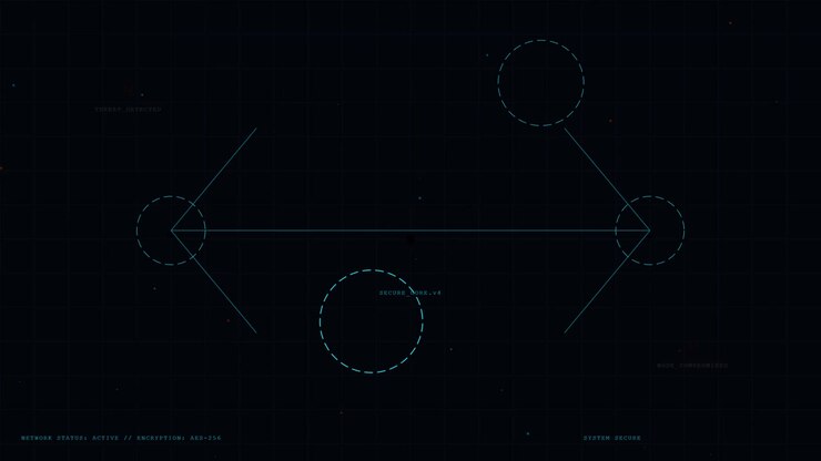 Digital Cybersecurity Interface with Moving Data Nodes and Network Security Alerts