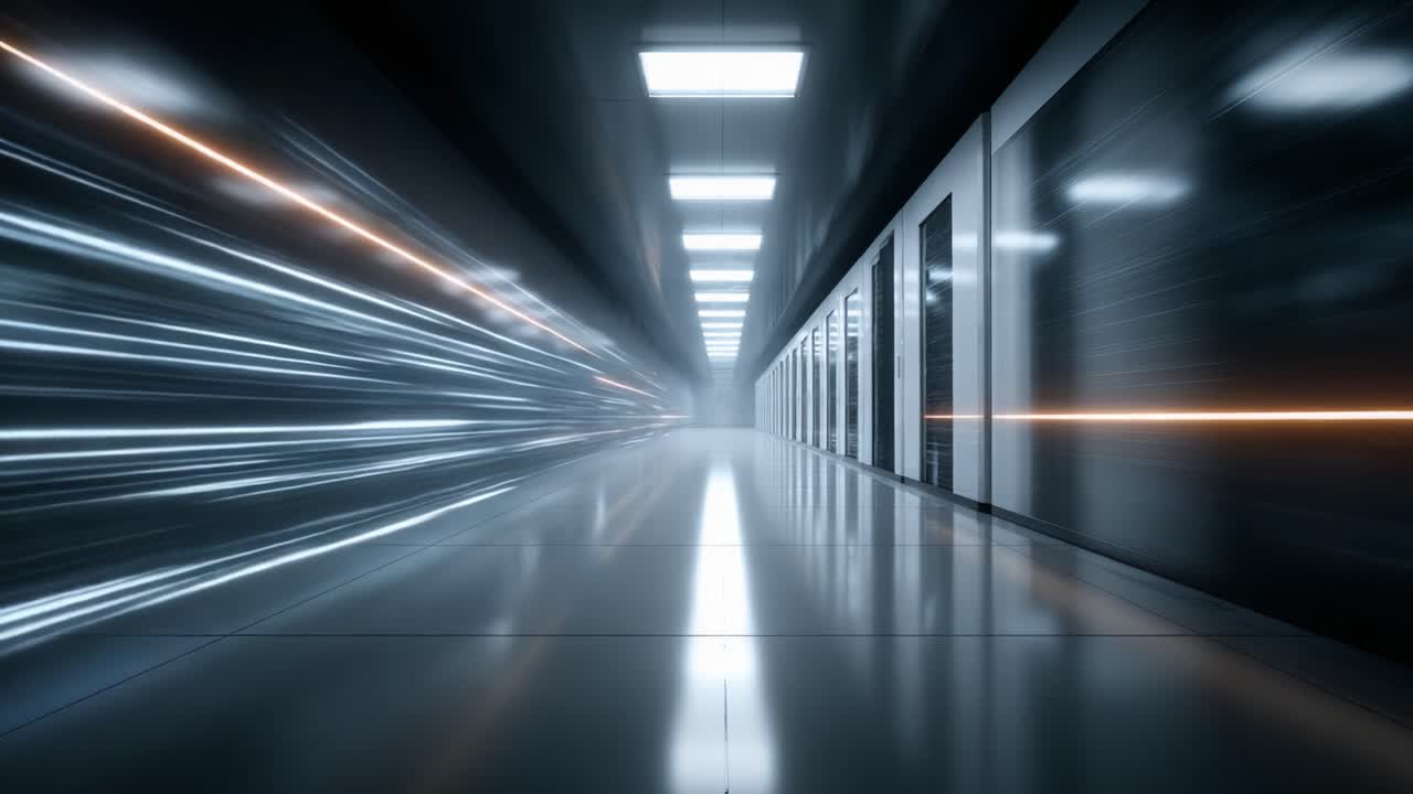 Un corridoio futuristico che mostra la trasmissione di dati ad alta velocità con scie luminose dinamiche, superfici riflettenti e un'aria di avanzamento tecnologico.