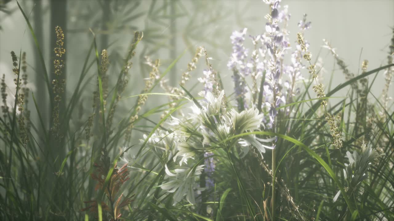 잔디 꽃 필드와 부드러운  ⁇ 빛을 배경으로.