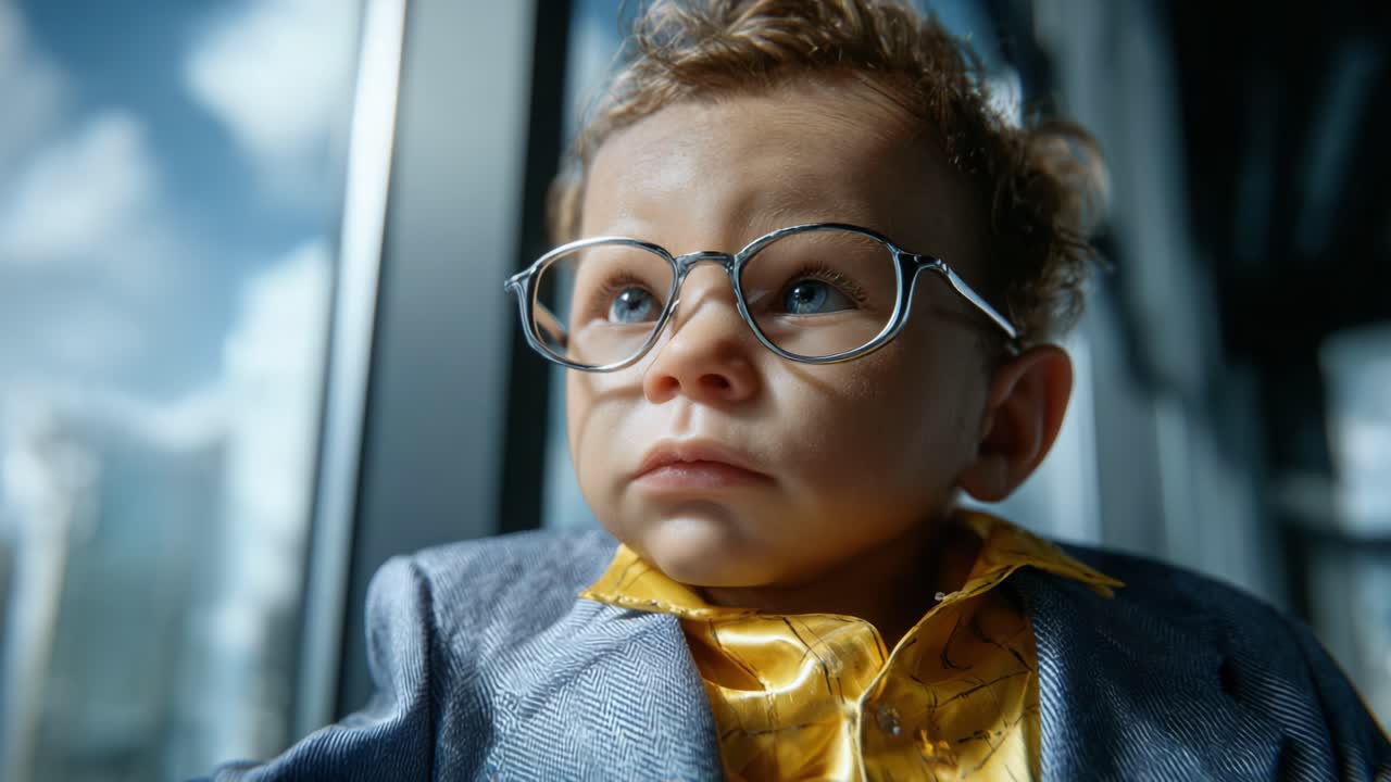 Uma criança com cabelo cacheado e óculos, vestida com um terno estiloso, olhando pensativamente para fora de uma janela com um belo horizonte ao fundo