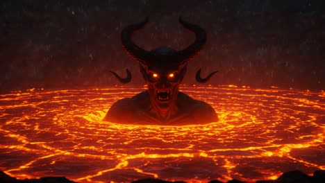a dark and ominous figure emerges from molten lava, exuding malevolence with glowing eyes and sinister horns, capturing the essence of pure evil in a fiery environment