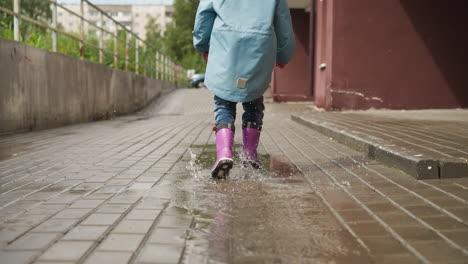 child dashes among puddles in yard kid playful steps create symphony of splashes in rubber boots