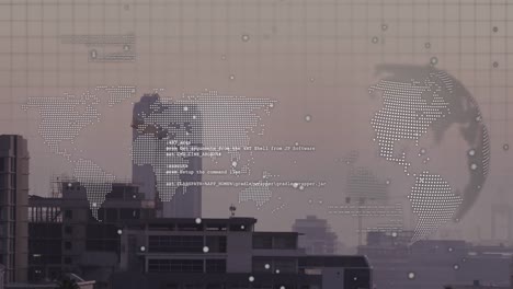 Animation-of-world-map,-spinning-globe-and-data-processing-against-aerial-view-of-cityscape