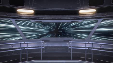 yendo a velocidad warp como se ve a través de una pantalla de visualización de puente de nave espacial