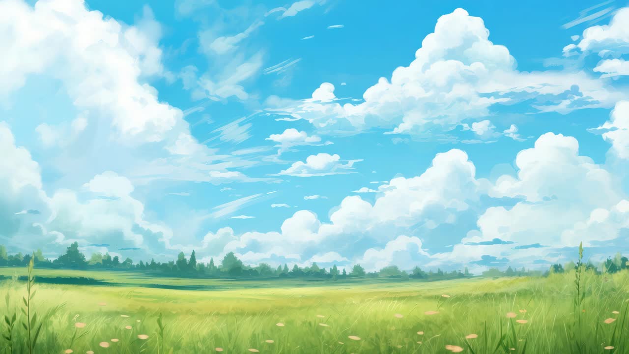 Wide-angle view of a serene meadow under a bright blue sky with fluffy clouds, ideal for a tranquil