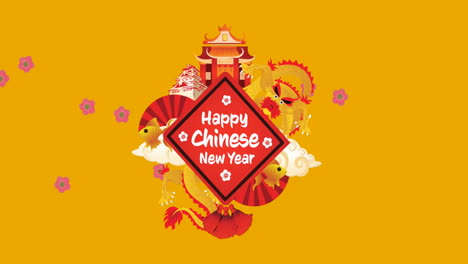 animación de texto de feliz año nuevo chino sobre fondo naranja