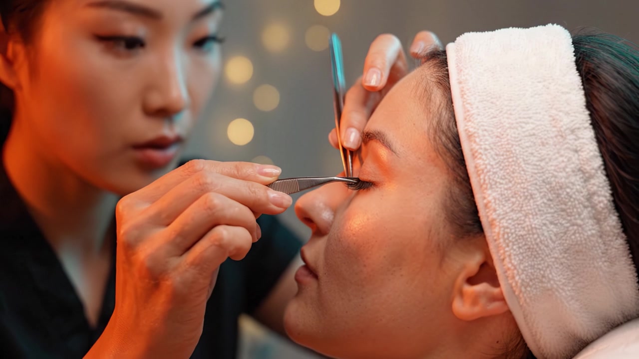 A Skilled Aesthetician Performing Precision Beauty Treatments with Tweezers on a Relaxed Client in a Softly Lit Ambience Enhancing Relaxation and Skincare