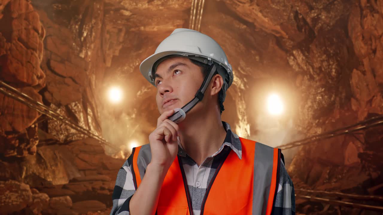 Close Up Of Asian Male Engineer With Safety Helmet Thinking About Something And Looking Around While Standing In Underground Mine Tunnel