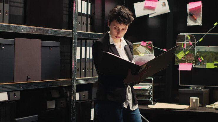 Detective Analyzing Case Files in Office