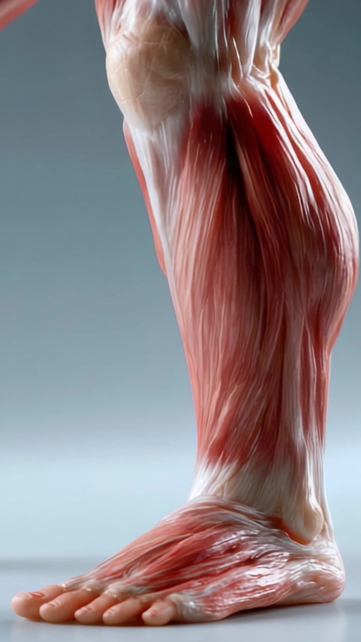 Studio anatomico dettagliato della parte inferiore della gamba e del piede umani, che mostra una struttura muscolare realistica e strati di tessuto in una rappresentazione visiva sorprendente.