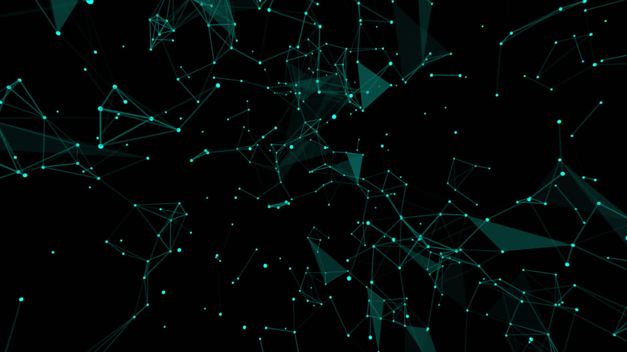 animación de formas geométricas violetas y verdes que se mueven sobre un fondo negro con conexiones