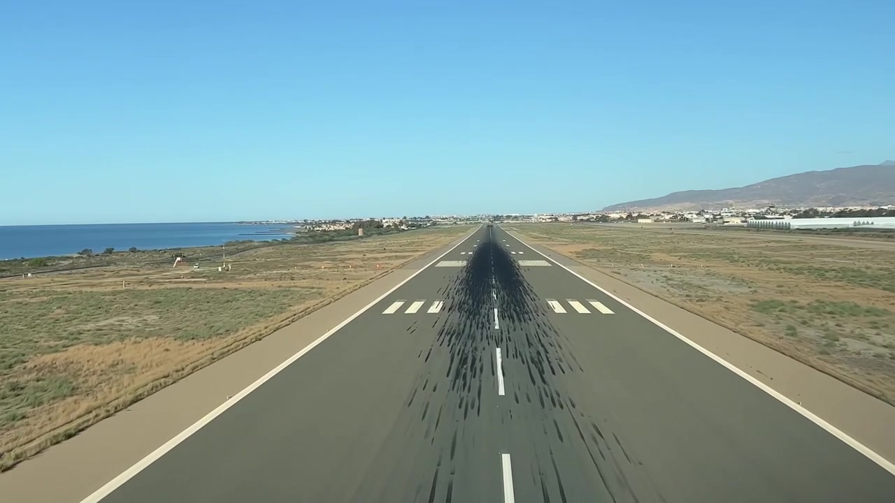 Perspectiva única de piloto de uma aterrissagem real filmada da cabine de um avião pousando na pista 25 do aeroporto de Almeria, sudeste da Espanha, em uma manhã esplêndida e ensolarada. 4k