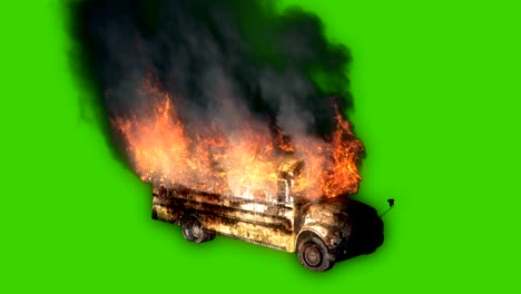 the yellow bus is on fire-close-up with thick black smoke in front of green screen.