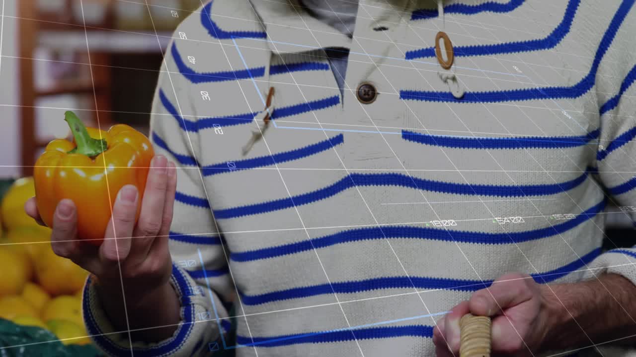 Male shopper touching orange pepper, placing in basket, translucent UI tracking motion for grocery