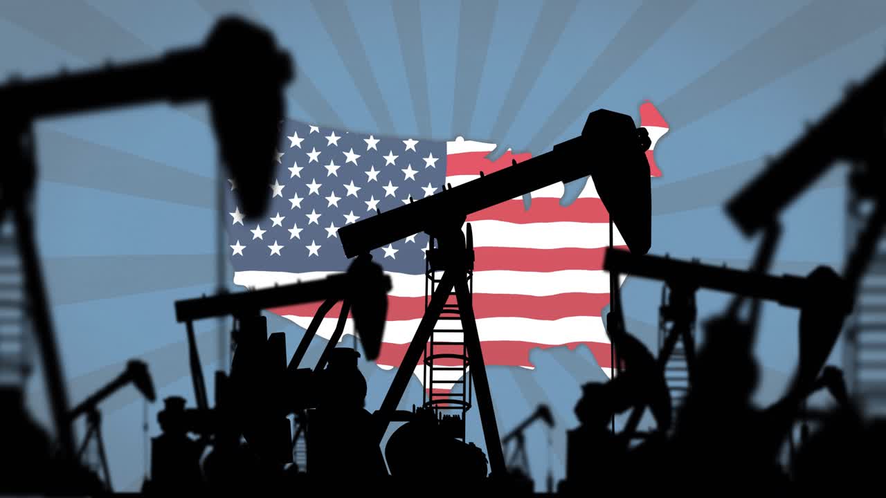 Map appearing triggers central pumpjack and front silhouettes pumping, showing US oil output