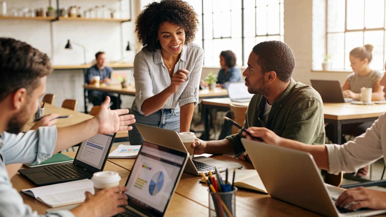Pointing woman in jeans leaning at table, urging team pen-pass as reviewing laptop chart with cups