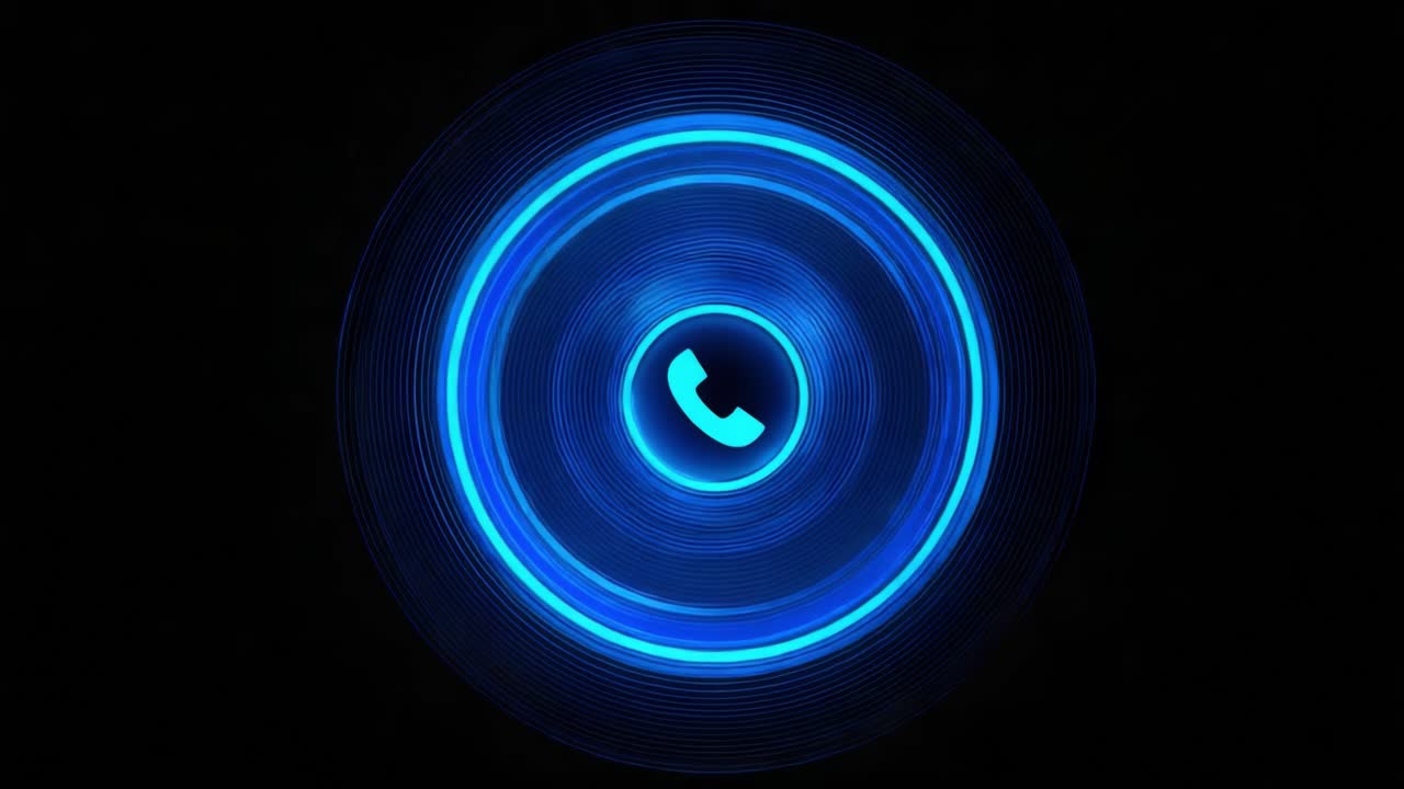 Illuminated Circular Phone Icon Rotating with Blue Neon Light Effects on a Dark Background, Ideal for Communication and Technology Themes