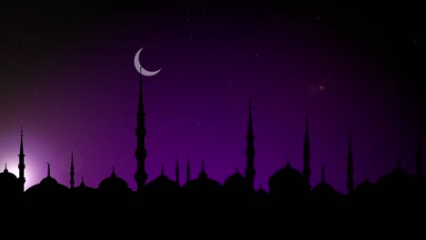 seamless loop motion of of silhouette of mosque in the with new moon at night. islamic holiday background animation.