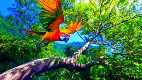 vibrant macaw in flight through a lush tropical jungle