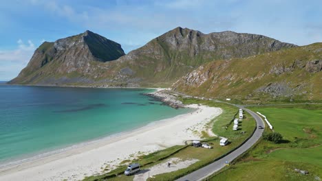 haukland beach at summer in lofoten islands, norway, scandinavia - aerial 4k