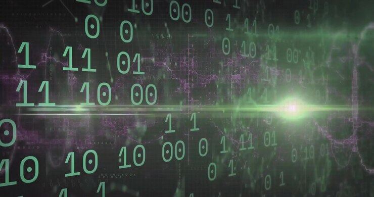 Neon-green binary digits appearing, drifting while green lens flare rising showing data flow
