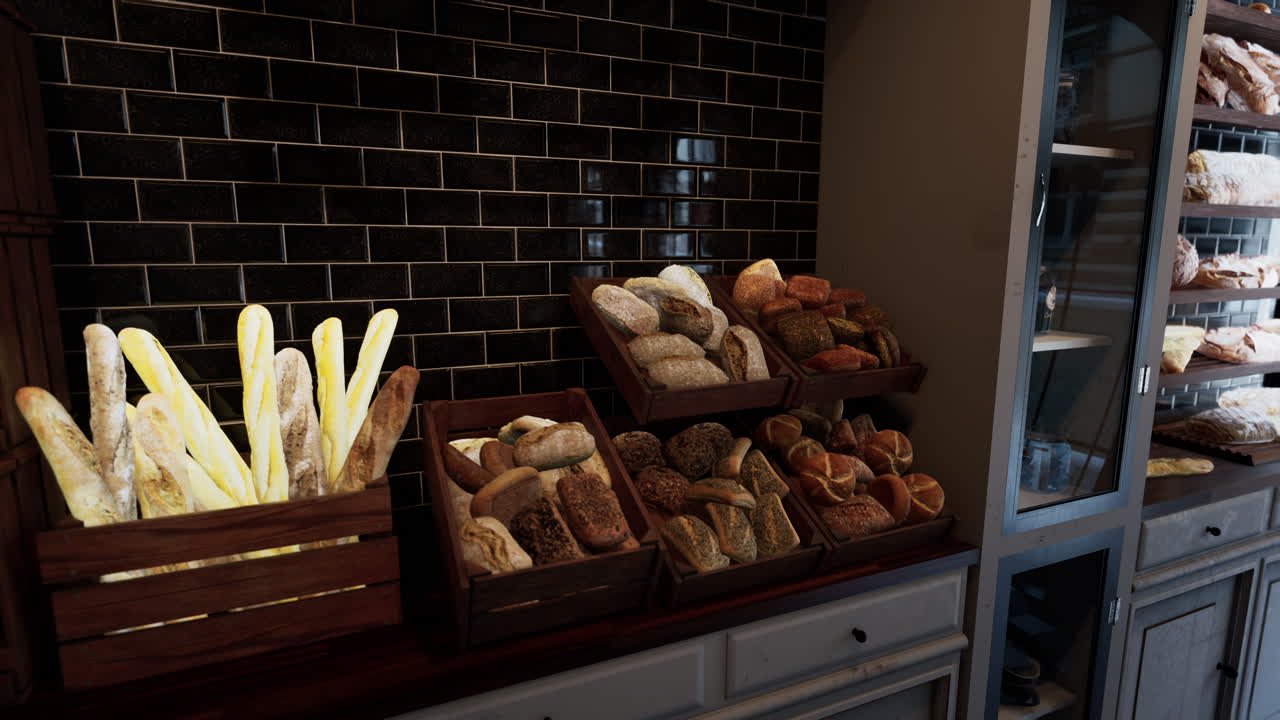 A bakery with a variety of breads and pastries on display