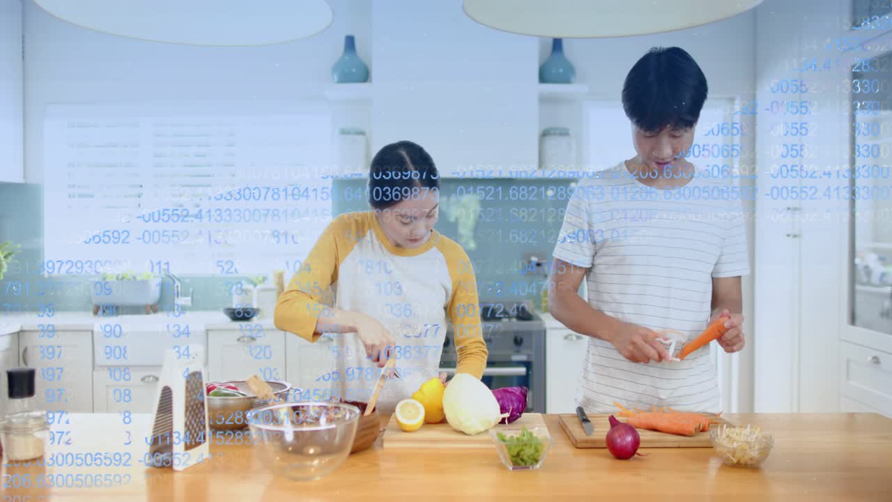 Woman picking knife, man reaching carrot, slicing peeling veg for meal, blue overlay obscuring view