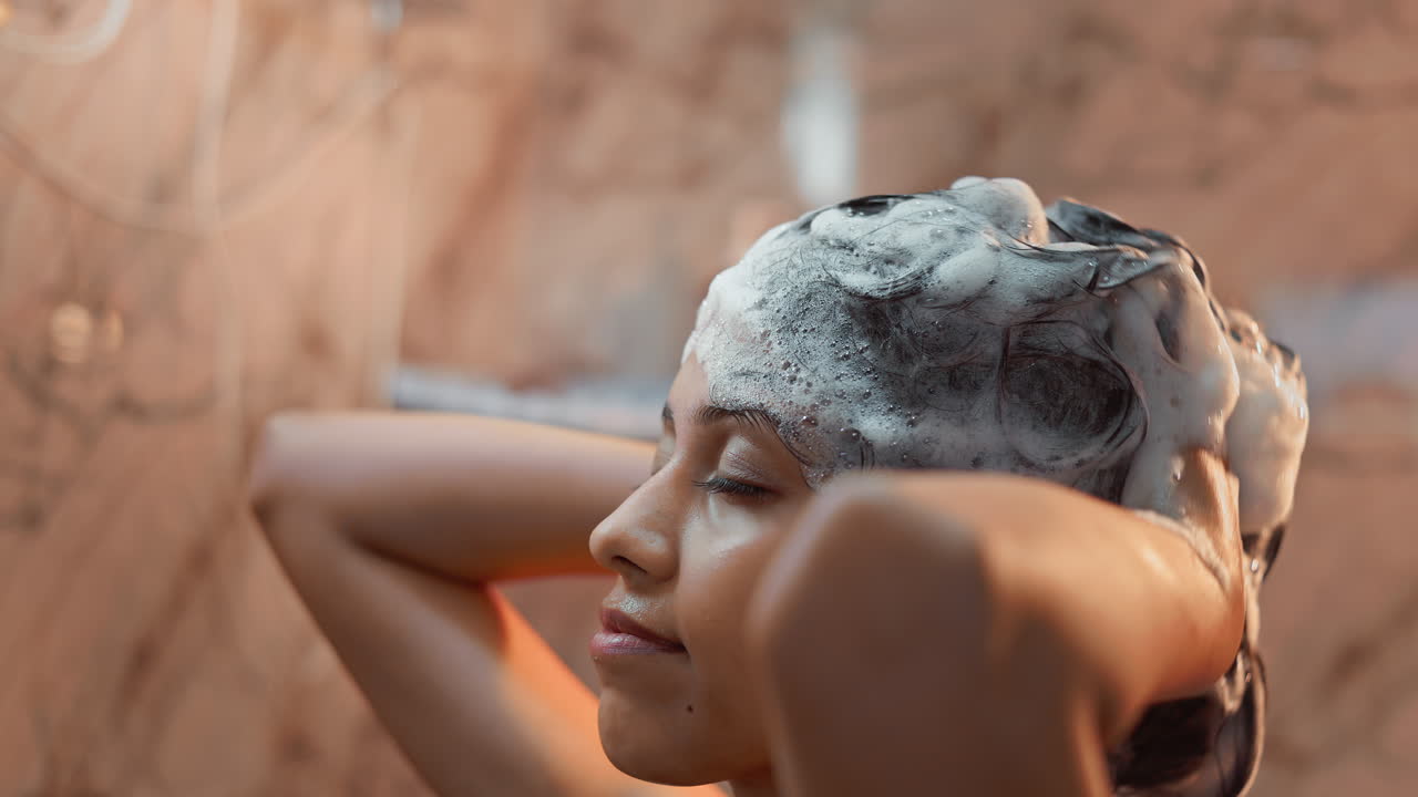 Una donna che insapona i capelli con lo shampoo in bagno, concetto di bellezza e cura dei capelli.