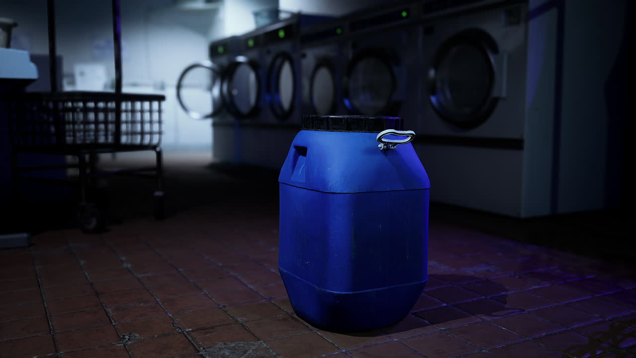 A large blue container sitting in a room
