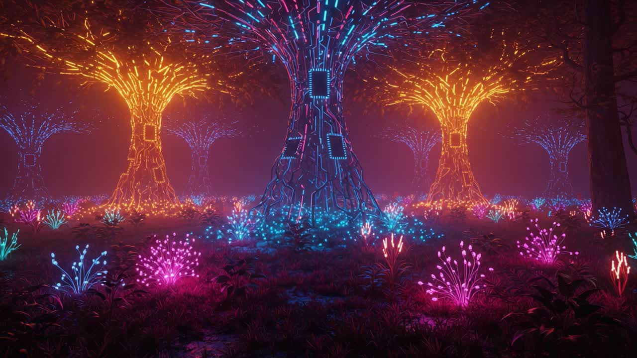 A Vibrant Fantasy Forest: Illuminated Trees and Neon Flora Create a Magical Atmosphere in This Enchanting Landscape of Color and Light