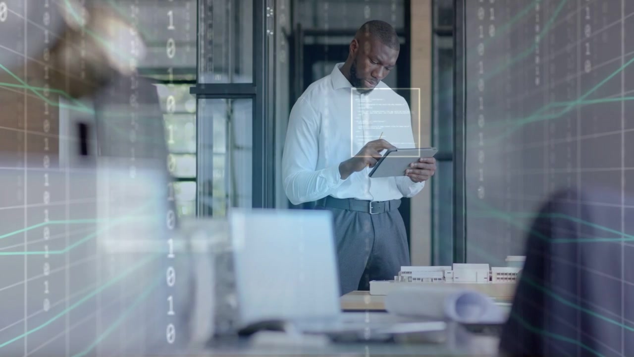 Designer standing in doorway tapping tablet, summoning binary overlays while analyzing blueprints