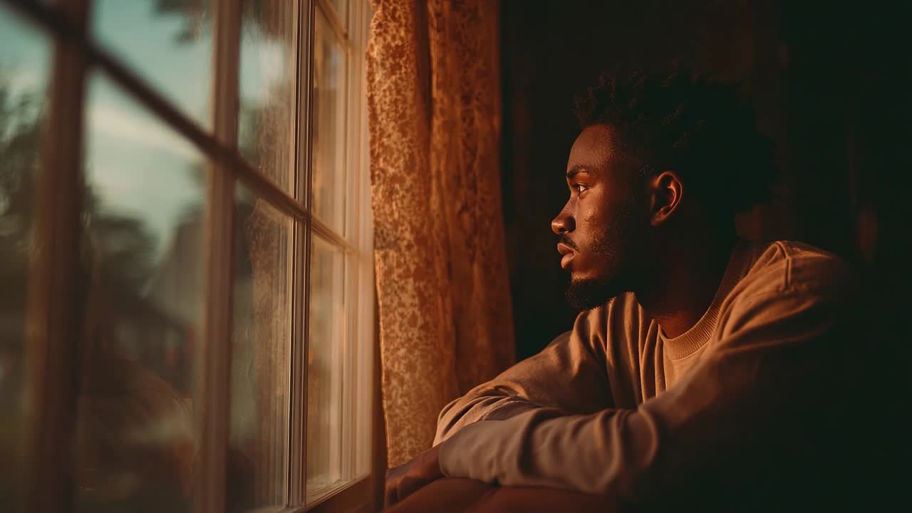 Man gazing thoughtfully out of the window during sunset