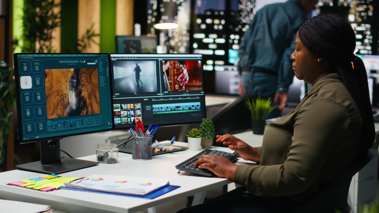 Black video creator working on editing a movie montage task