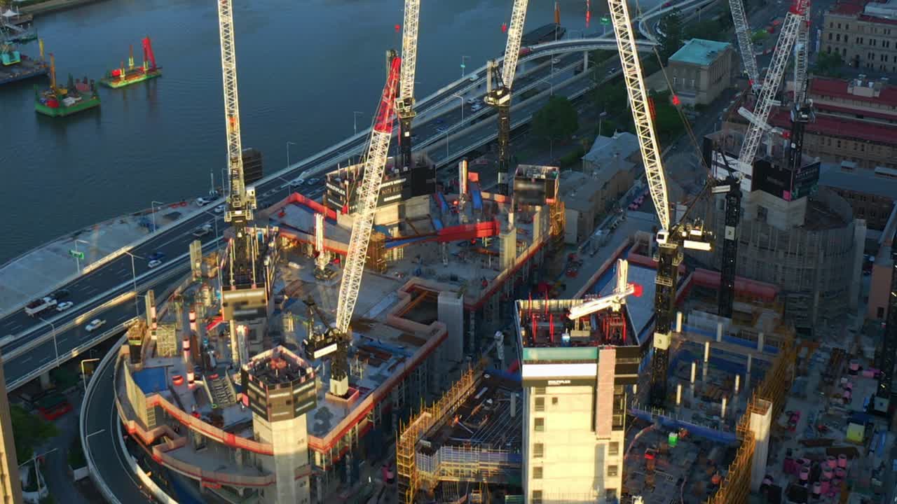Top View Of Developing Area Of Queens Wharf Brisbane Along Riverside Expressway In Brisbane