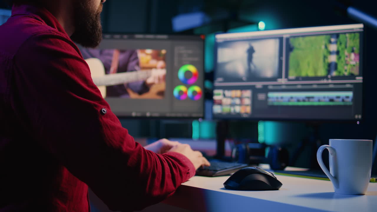 Video editor inputting music, dialogues, graphics and effects over raw footage