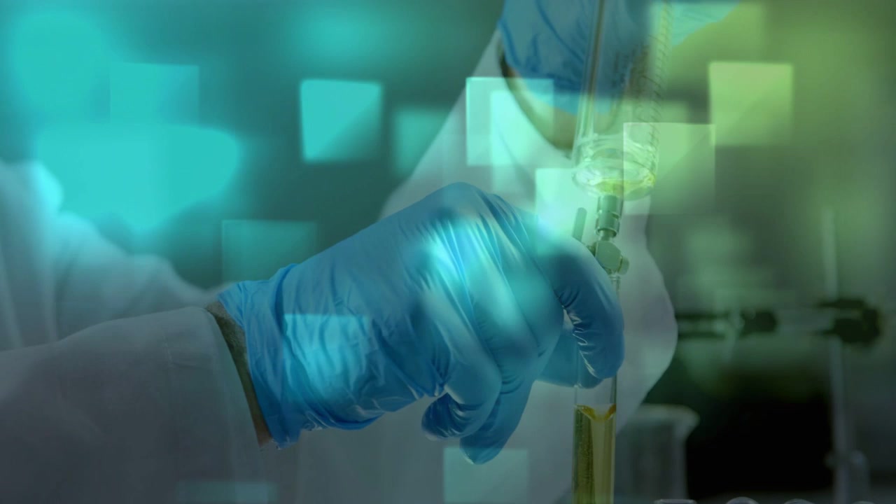 Senior lab tech touching pipette to tube, moving sample for lab test with teal squares highlighting