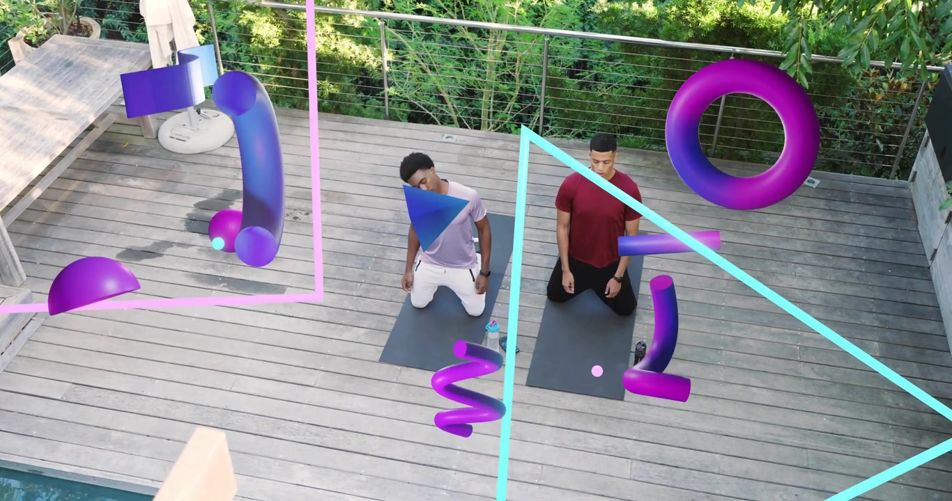 Men kneeling by poolside on yoga mats awaiting countdown end and rising into standing for fitness