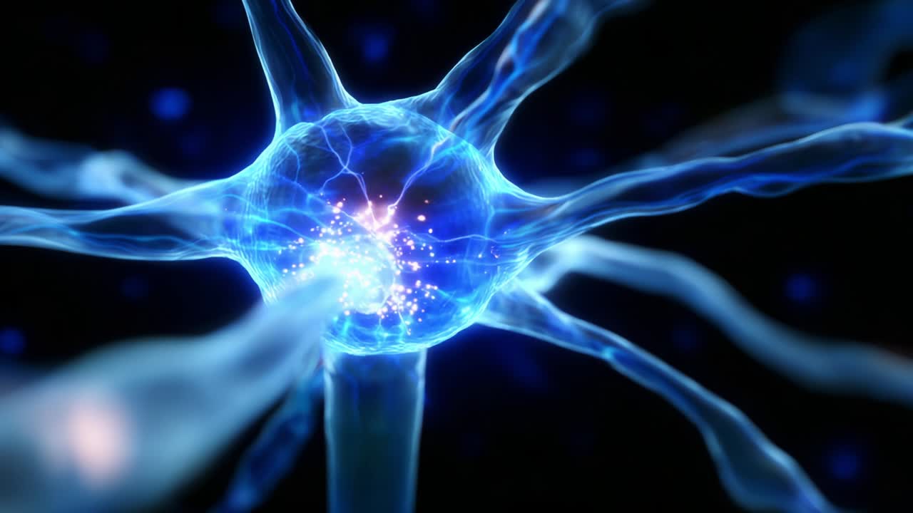 Close-up Visualization of a Neuron: Exploring the Intricate Structure and Function of Neural Cells in the Nervous System, Highlighting Electrical Activity and Synaptic Connections